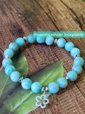 Bracelet Amazonite perles 8mm pierre naturelle apaisement et fleur acier inoxydable